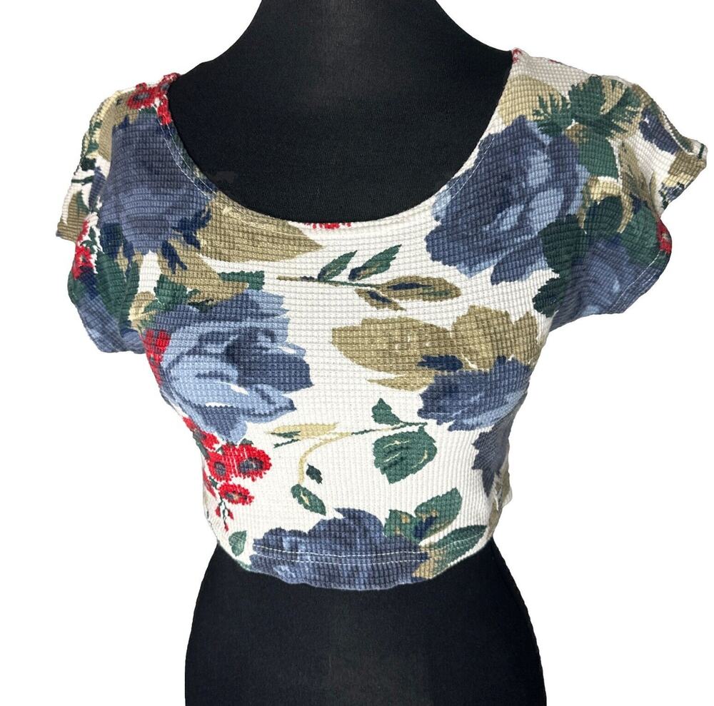 Vintage Bongo Floral Waffle Knit Baby Tee Crop Top Short Sleeve Blue Green S EUC